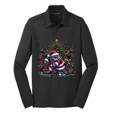 Santa British Shorthair Cat Playing Hockey Gift Silk Touch Performance Long Sleeve Polo