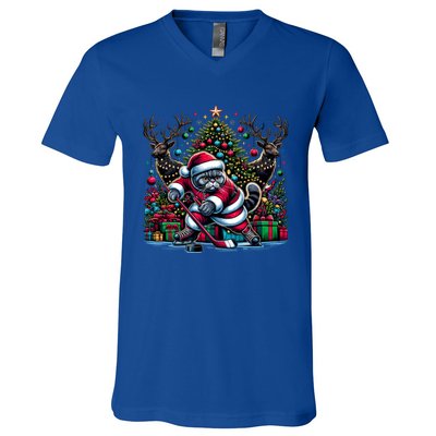 Santa British Shorthair Cat Playing Hockey Gift V-Neck T-Shirt