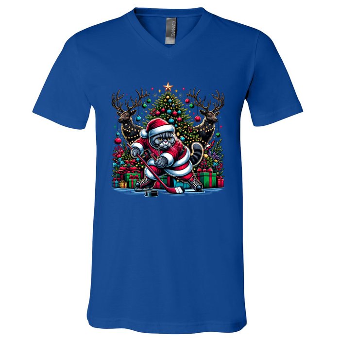 Santa British Shorthair Cat Playing Hockey Gift V-Neck T-Shirt