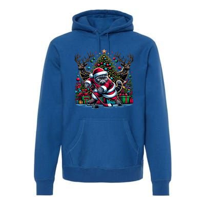 Santa British Shorthair Cat Playing Hockey Gift Premium Hoodie