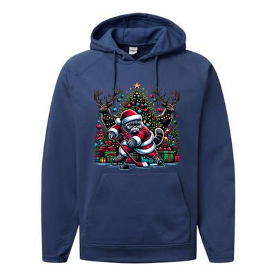 Santa British Shorthair Cat Playing Hockey Gift Performance Fleece Hoodie