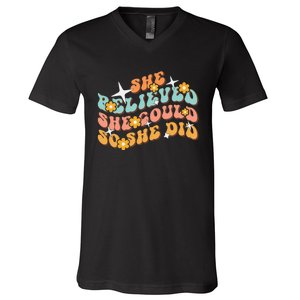 She Believed She Could So She Did Groovy Graduation V-Neck T-Shirt