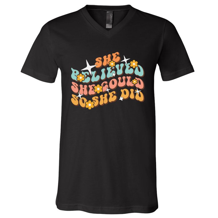 She Believed She Could So She Did Groovy Graduation V-Neck T-Shirt