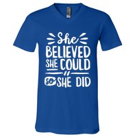 She Believed She Could So She Did Doodle White Text Great Gift V-Neck T-Shirt