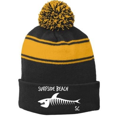 Surfside Beach Sc South Carolina Shark Skeleton White Stripe Pom Pom Beanie