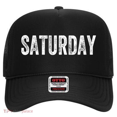Saturday Black Small Letter Print High Crown Mesh Back Trucker Hat