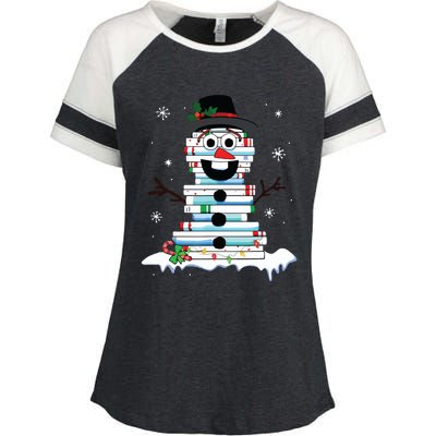 Snowman Book Stack Librarian Book Lover Christmas Enza Ladies Jersey Colorblock Tee