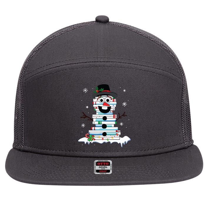 Snowman Book Stack Librarian Book Lover Christmas 7 Panel Mesh Trucker Snapback Hat