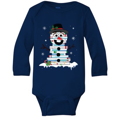 Snowman Book Stack Librarian Book Lover Christmas Baby Long Sleeve Bodysuit