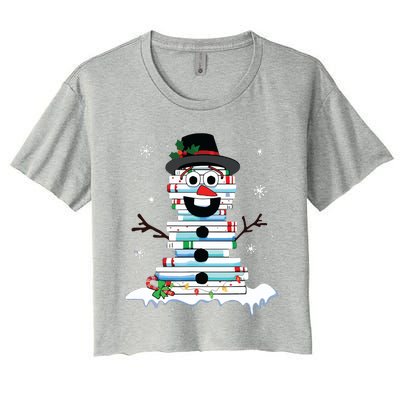 Snowman Book Stack Librarian Book Lover Christmas Women's Crop Top Tee