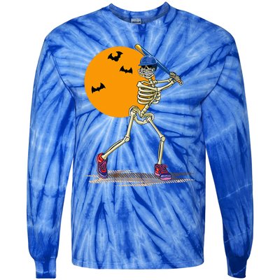 Spooky Baseball Skeleton Costume for Halloween Tie-Dye Long Sleeve Shirt