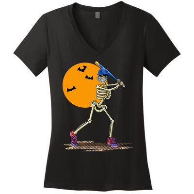 Spooky Baseball Skeleton Costume for Halloween Women's V-Neck T-Shirt