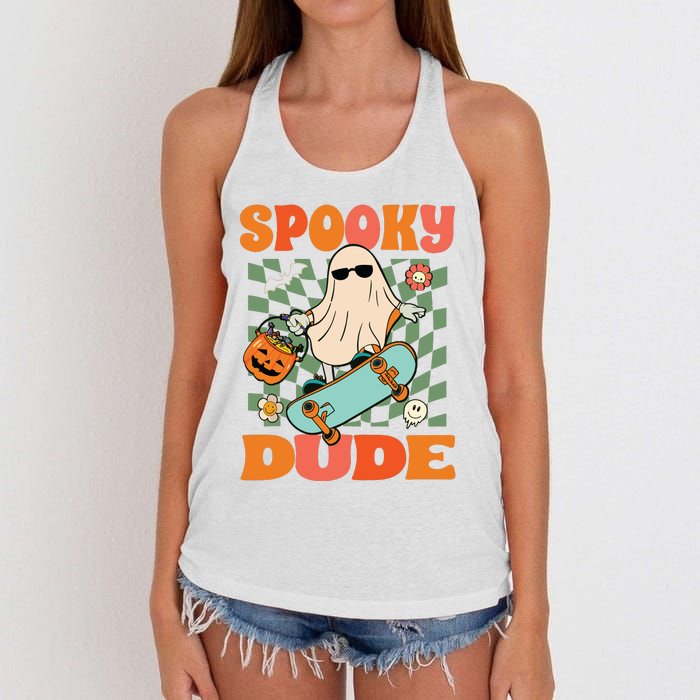 Skateboard Boo Spooky Jack O Lantern Halloween Costumes Boy Women's Knotted Racerback Tank