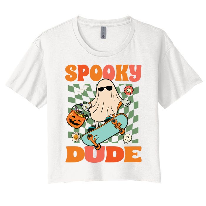 Skateboard Boo Spooky Jack O Lantern Halloween Costumes Boy Women's Crop Top Tee