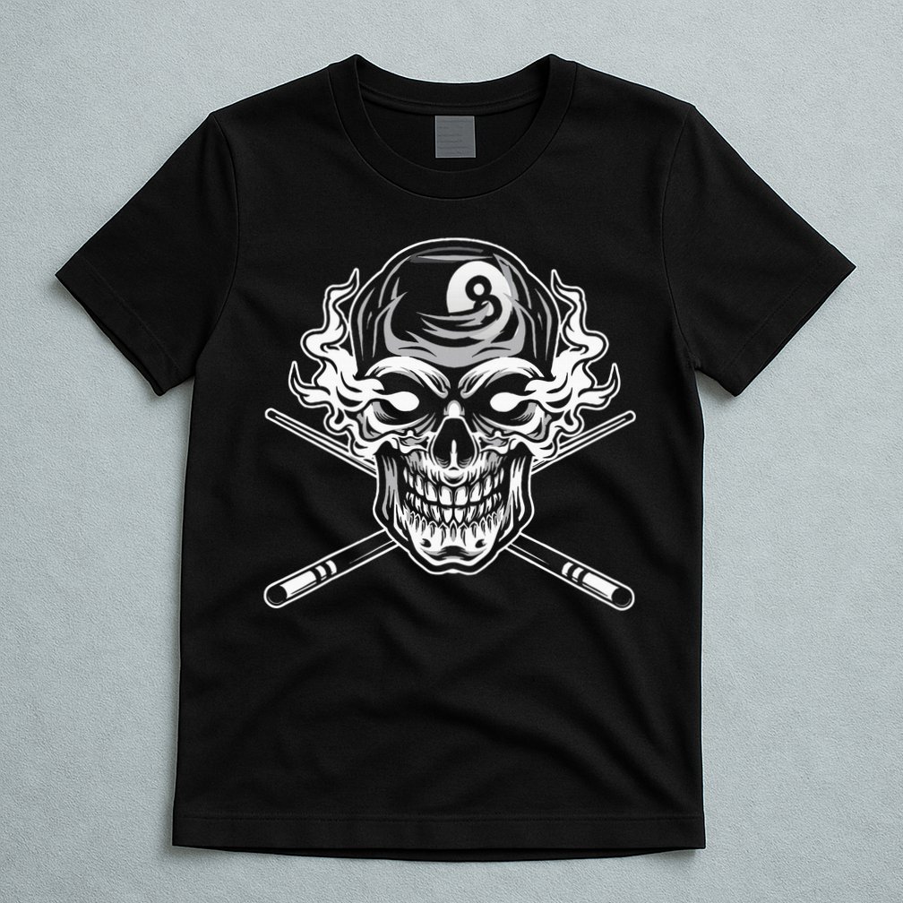 Skull Billiards Snooker Billiard 8 Ball Player Cue Sports T-Shirt
