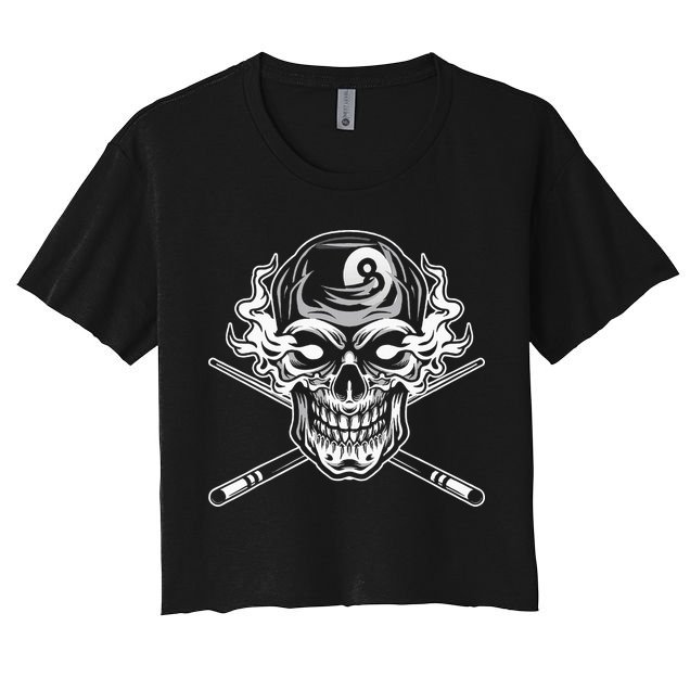 Skull Billiards Snooker Billiard 8 Ball Player Cue Sports Women's Crop Top Tee