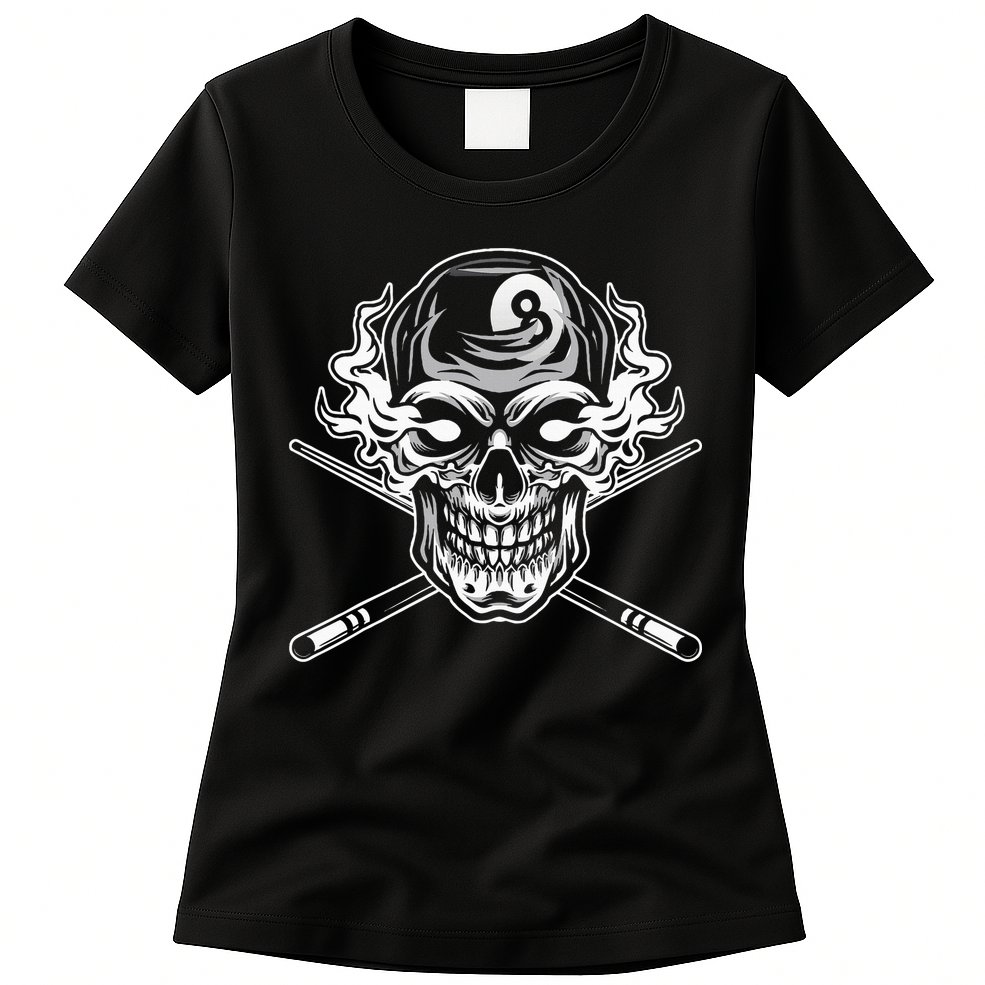 Skull Billiards Snooker Billiard 8 Ball Player Cue Sports Womens T-Shirt
