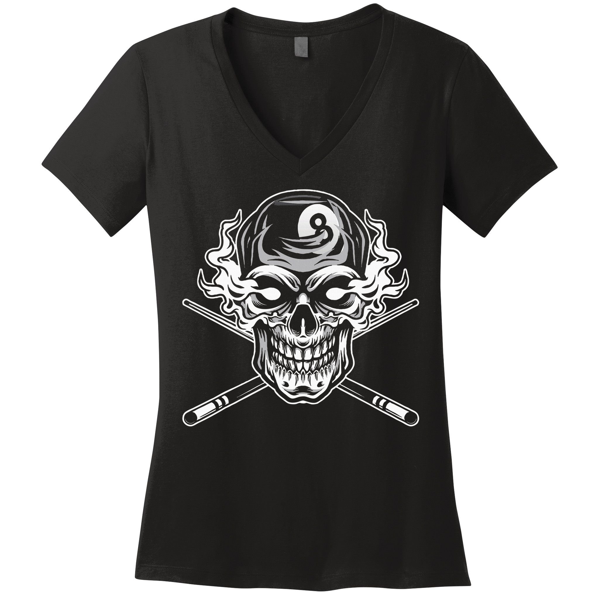 Skull Billiards Snooker Billiard 8 Ball Player Cue Sports Women's V-Neck T-Shirt