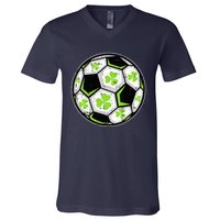 Soccer Ball Shamrock St Patricks Day Clover V-Neck T-Shirt