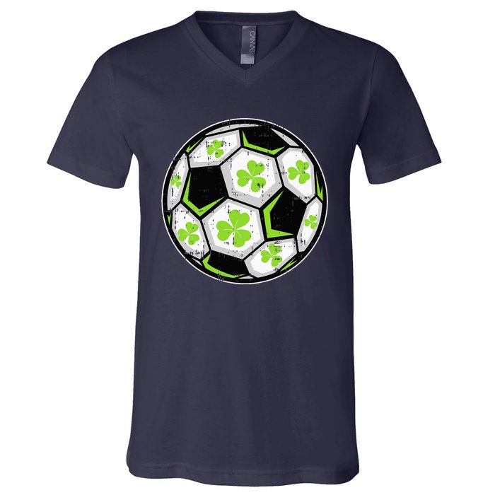 Soccer Ball Shamrock St Patricks Day Clover V-Neck T-Shirt