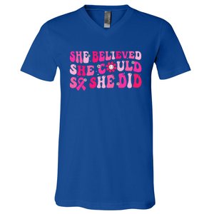 She Believed She Could So She Did Pink Breast Cancer Warrior V-Neck T-Shirt