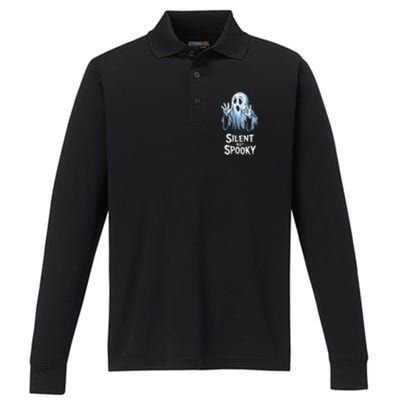 Silent But Spooky Ghost Design For Halloween Lovers Performance Long Sleeve Polo