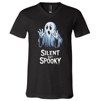 Silent But Spooky Ghost Design For Halloween Lovers V-Neck T-Shirt