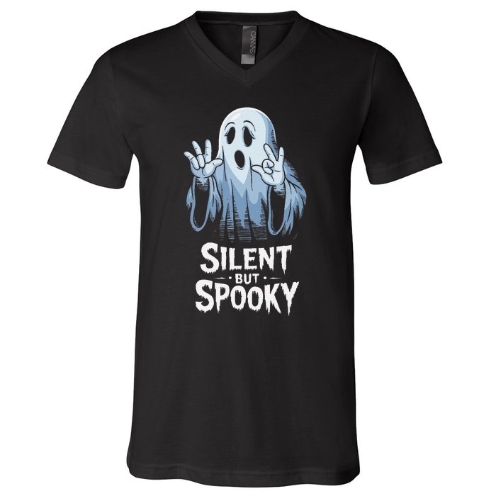 Silent But Spooky Ghost Design For Halloween Lovers V-Neck T-Shirt