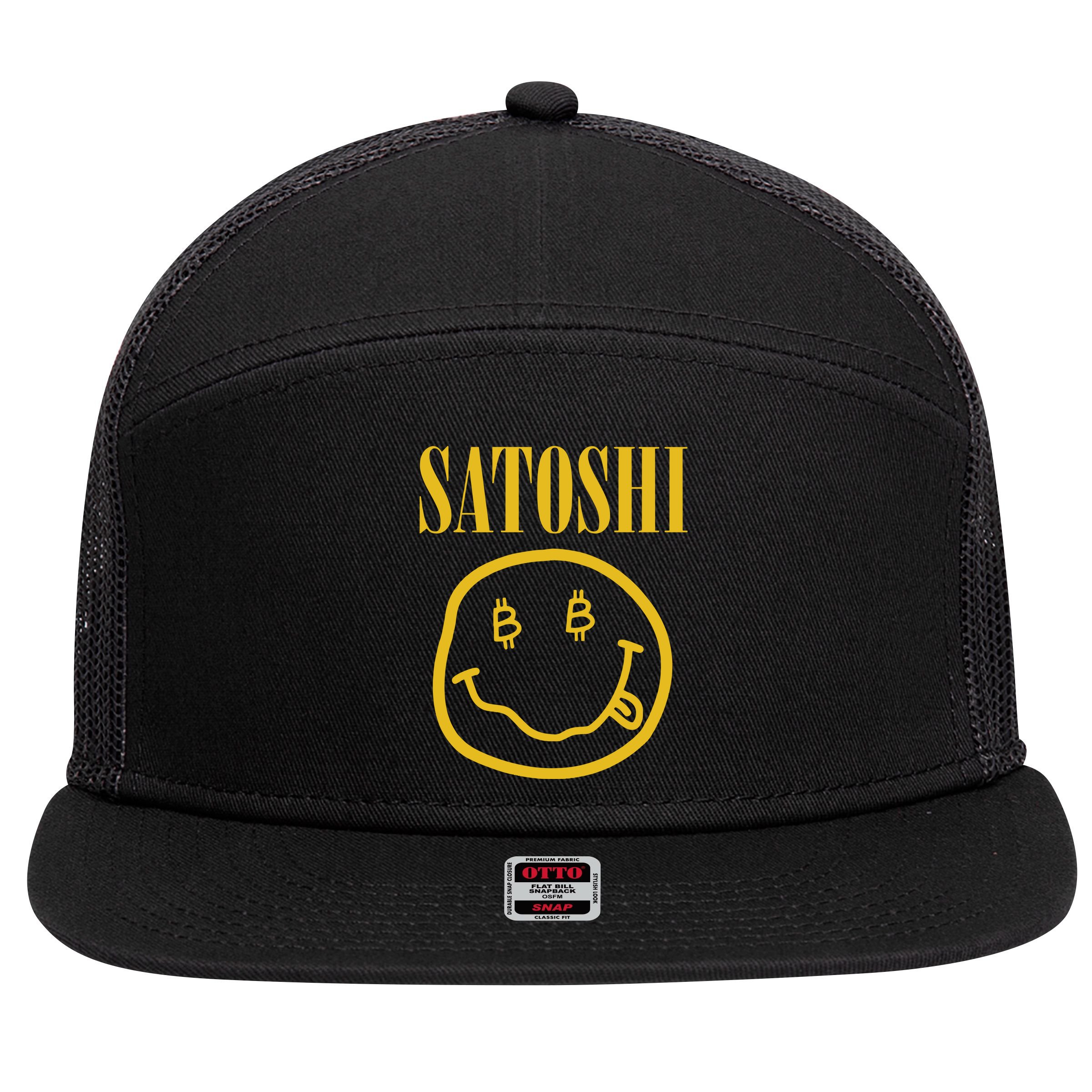 Satoshi Bitcoin 7 Panel Mesh Trucker Snapback Hat