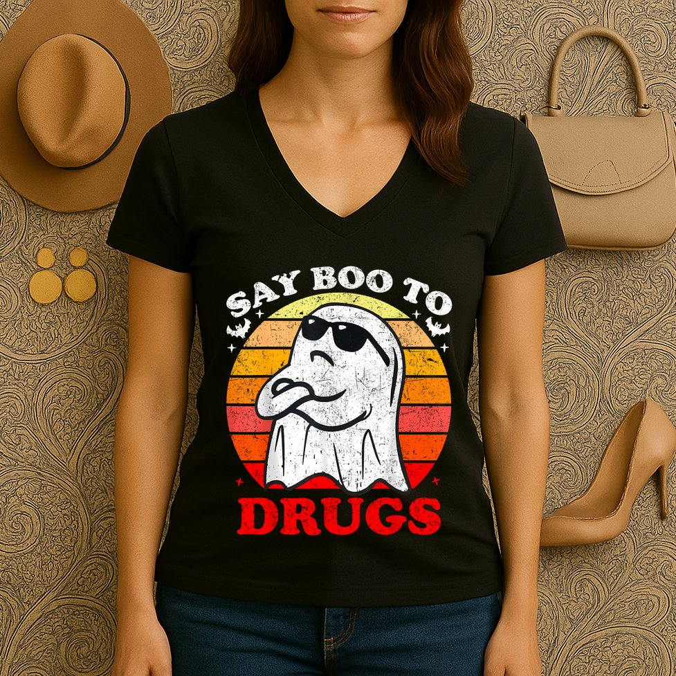 Say Boo To Drugs Funny Halloween Red Ribbon Week Awareness Women's V-Neck T-Shirt