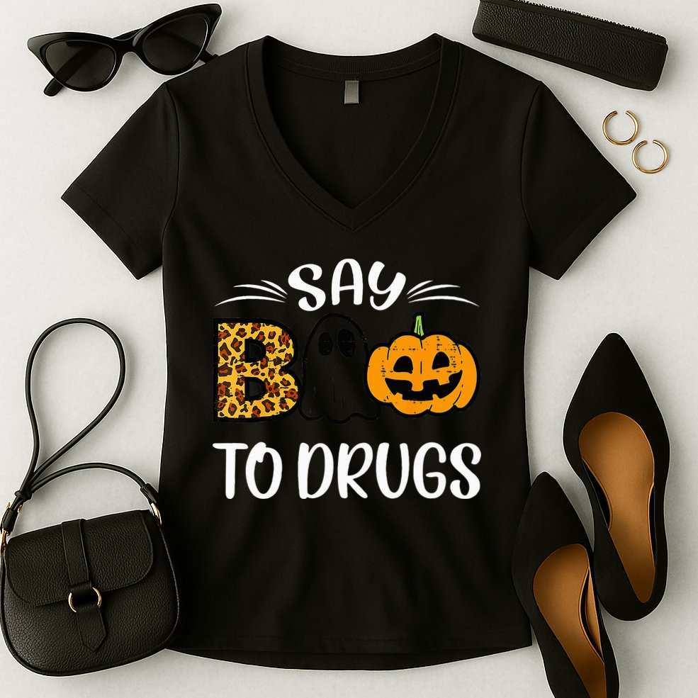 Say Boo To Drugs Funny Halloween Red Ribbon Week Awareness Women's V-Neck T-Shirt