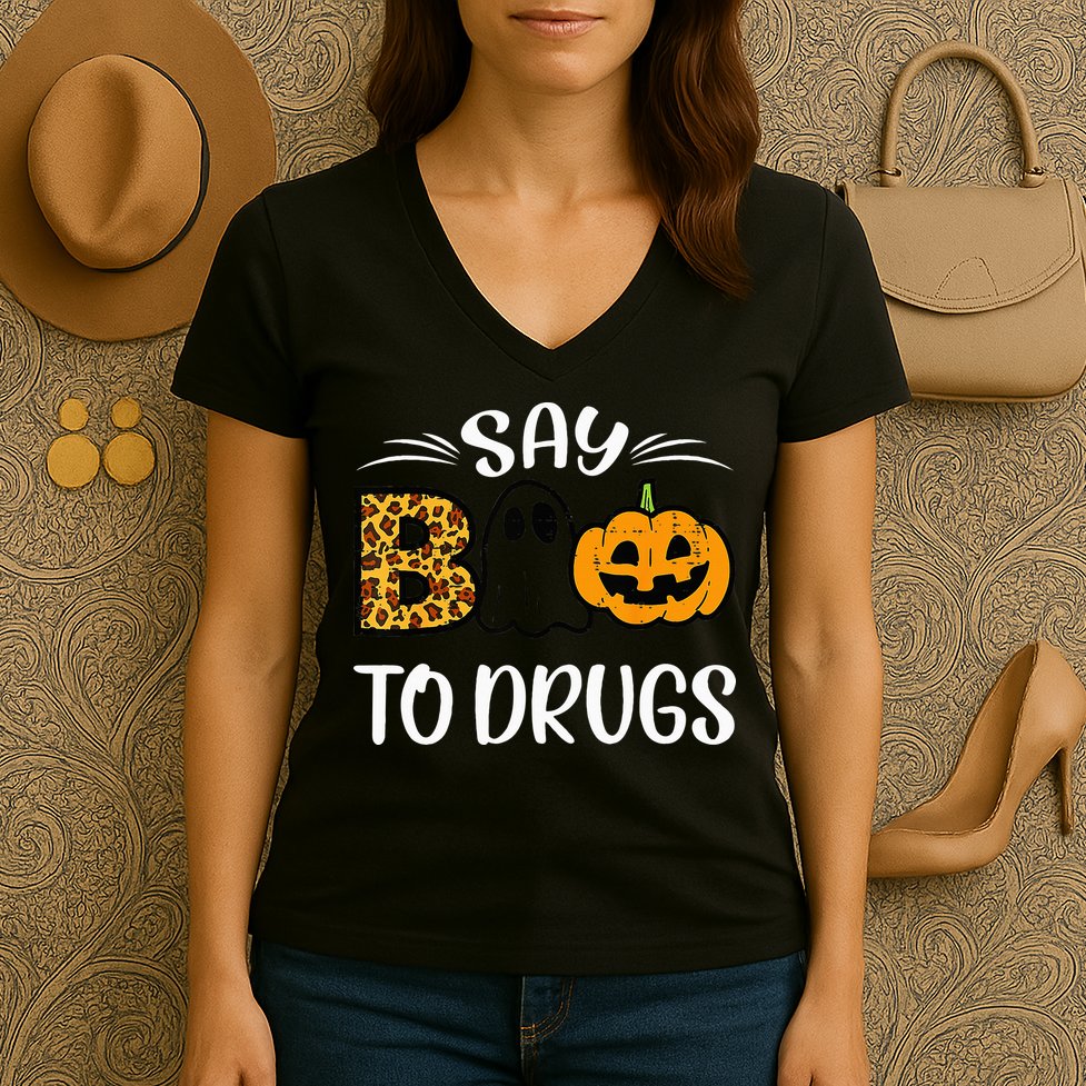 Say Boo To Drugs Funny Halloween Red Ribbon Week Awareness Women's V-Neck T-Shirt