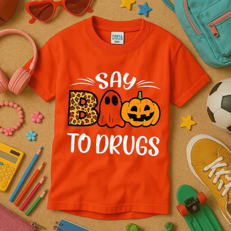 Say Boo To Drugs Funny Halloween Red Ribbon Week Awareness Kids T-Shirt