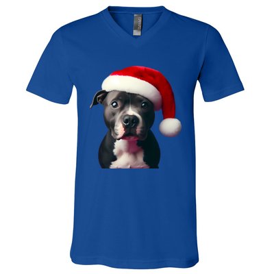 Staffordshire Bull Terrier With Santa Hat Christmas Dog Mom Funny Gift V-Neck T-Shirt