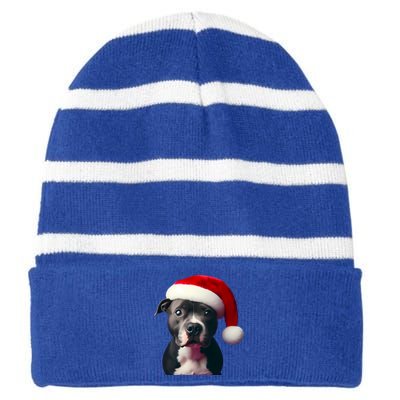 Staffordshire Bull Terrier With Santa Hat Christmas Dog Mom Funny Gift Striped Beanie with Solid Band