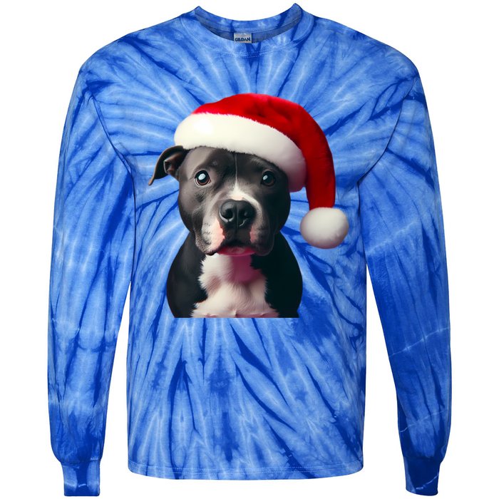 Staffordshire Bull Terrier With Santa Hat Christmas Dog Mom Funny Gift Tie-Dye Long Sleeve Shirt