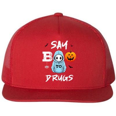 Say Boo To Drugs Funny Halloween Red Ribbon Week Awareness Flat Bill Trucker Hat