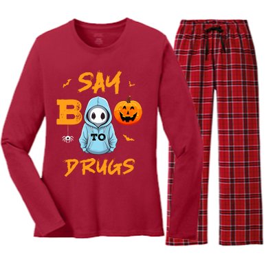 Say Boo To Drugs Funny Halloween Red Ribbon Week Awareness Women's Long Sleeve Flannel Pajama Set 