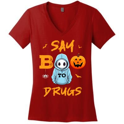 Say Boo To Drugs Funny Halloween Red Ribbon Week Awareness Women's V-Neck T-Shirt