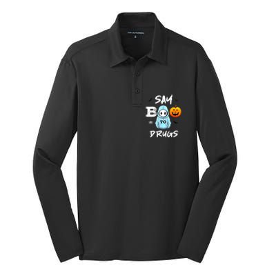 Say Boo To Drugs Funny Halloween Red Ribbon Week Awareness Silk Touch Performance Long Sleeve Polo