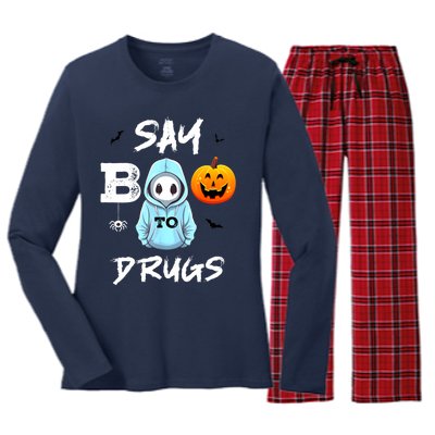 Say Boo To Drugs Funny Halloween Red Ribbon Week Awareness Women's Long Sleeve Flannel Pajama Set 