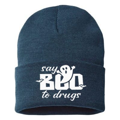 Say Boo To Drugs Funny Halloween Red Ribbon Week Awareness Sustainable Knit Beanie