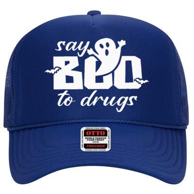 Say Boo To Drugs Funny Halloween Red Ribbon Week Awareness High Crown Mesh Back Trucker Hat