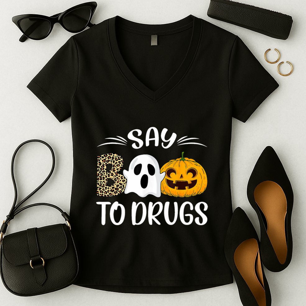 Say Boo To Drugs Red Ribbon Week Awareness Funny Halloween Women's V-Neck T-Shirt
