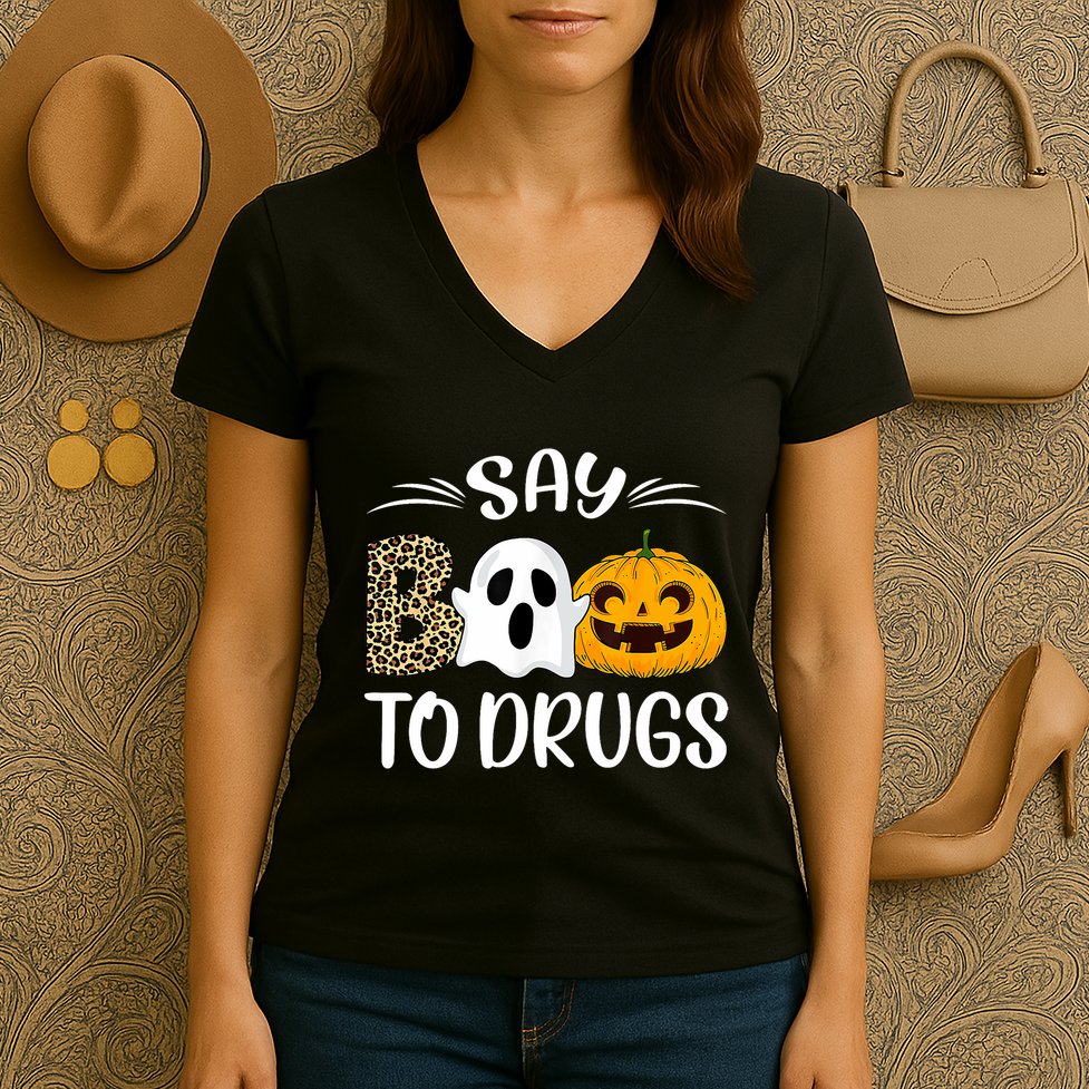 Say Boo To Drugs Red Ribbon Week Awareness Funny Halloween Women's V-Neck T-Shirt