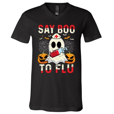 Say Boo To The Flu Vintage Halloween Ghost Nurse Boo To Flu V-Neck T-Shirt