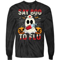 Say Boo To The Flu Vintage Halloween Ghost Nurse Boo To Flu Tie-Dye Long Sleeve Shirt