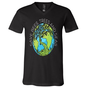 Save Bees Trees And Seas Climate Change V-Neck T-Shirt