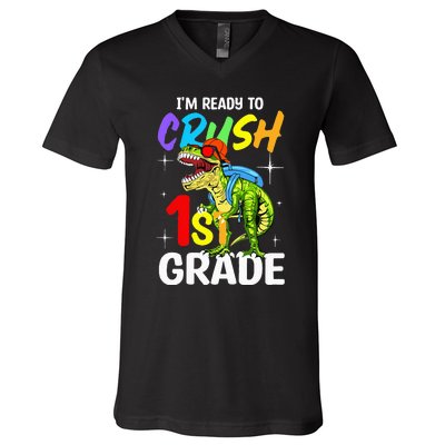 Student Back to School I'm Ready to Crush 1st Grade Dinosaur V-Neck T-Shirt