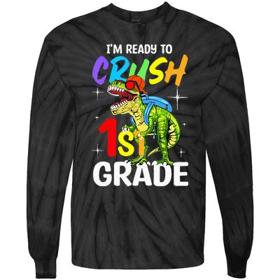 Student Back to School I'm Ready to Crush 1st Grade Dinosaur Tie-Dye Long Sleeve Shirt